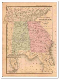 tennessee georgia alabama florida 1882 hand colored vintage map