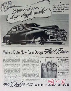 dodge 1941 dazzle make date fluid drive luxury liner car vintage ad