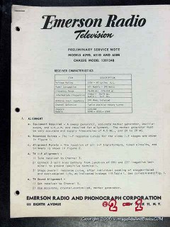 emerson 1950 tv models 629d 651d 658b television service notes