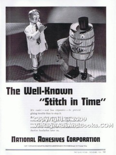 national adhesives corp 1938 stitch in time glueing labels vintage ad