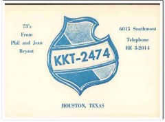 KKT-2474 Phil Bryant Houston Texas 1960s Vintage Postcard CB Radio QSL KKT-2474 Phil Bryant Houston Texas 1960s Vintage Postcard CB Radio QSL