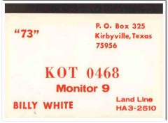 KOT-0468 Billy White Kirbyville Texas 1960s Vintage Postcard CB QSL