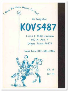 KOV-5487 Billie Jackson Olney Texas 1960s Vintage Postcard CB QSL Card