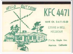 KFC-4471 Bill Milligan Manteca CA 1960s Vintage Postcard CB QSL KFC-4471 Bill Milligan Manteca CA 1960s Vintage Postcard CB QSL