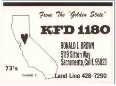 KFD-1180 Ronald Brown Sacramento CA 1960s Vintage Postcard CB QSL KFD-1180 Ronald Brown Sacramento CA 1960s Vintage Postcard CB QSL