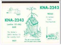 KNA-2243 Bill Ballam San Leandro CA 1960s Vintage Postcard CB QSL 1