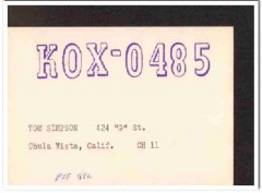 KOX-0485 Tom Simpson Chula Vista CA 1960s Vintage Postcard CB QSL