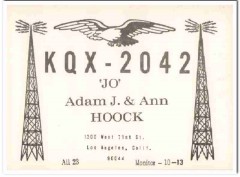 KQX-2042 Adam Hoock Los Angeles CA 1960s Vintage Postcard CB QSL KQX-2042 Adam Hoock Los Angeles CA 1960s Vintage Postcard CB QSL