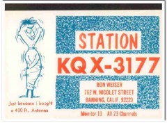KQX-3177 Ron Weiser Banning CA 1960s Vintage Postcard CB QSL Card KQX-3177 Ron Weiser Banning CA 1960s Vintage Postcard CB QSL Card