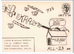 KRA-2478 Larry Bowlin San Francisco CA 1960s Vintage Postcard CB QSL KRA-2478 Larry Bowlin San Francisco CA 1960s Vintage Postcard CB QSL