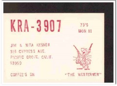 KRA-3907 Jim Kesner Pacific Grove CA 1960s Vintage Postcard CB QSL KRA-3907 Jim Kesner Pacific Grove CA 1960s Vintage Postcard CB QSL