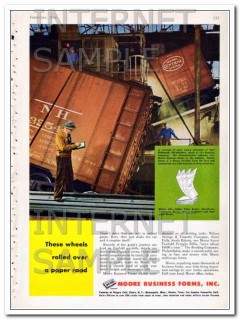 moore business forms inc 1948 wheels rolled over paper road vintage ad
