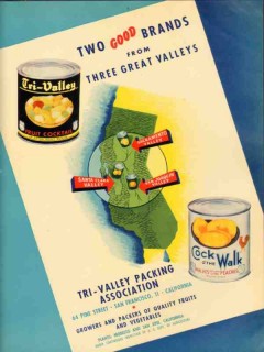 tri-valley packing assn 1946 two good brands three valleys vintage ad