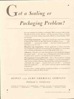 dewey almy chemical company 1946 sealing packaging problem vintage ad