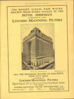 loomis-manning filter distributing 1912 hotel sherman water vintage ad