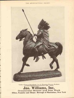 jno. williams 1910 indian chief on horseback proctor bronze vintage ad