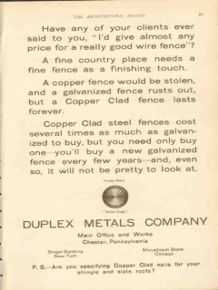 duplex metals company 1911 copper clad fence lasts forever vintage ad