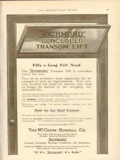 mccrum-howell company 1911 richmond concealed transom lift vintage ad