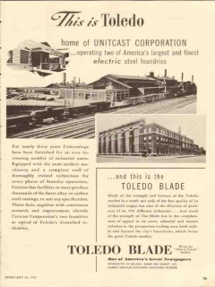 toledo blade 1947 home of unitcast corp newspaper media vintage ad