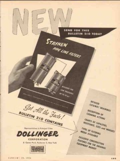 dollinger corp 1954 staynew pipe line filters bulletin 210 vintage ad