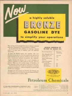 dupont 1954 now highly soluble bronze gasoline dye chemical vintage ad