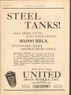 United Iron Works Inc 1928 Vintage Ad Oil Gas Storage Steel Tank Sizes