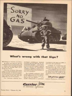 carrier corp 1943 whats wrong with sign sorry no gas ww2 vintage ad