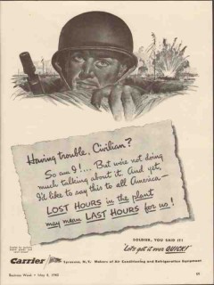 carrier corp 1943 having trouble civilian soldier hours ww2 vintage ad