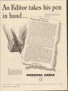 general cable corp 1943 editor pen power for victory ww2 vintage ad