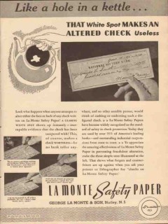 george la monte son 1943 hole in kettle check safety paper vintage ad