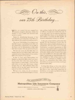 metropolitan life insurance 1943 on this our 75th birthday vintage ad metropolitan life insurance 1943 on this our 75th birthday vintage ad