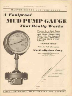 Martin-Decker Corp 1930 Vintage Ad Oil Field Mud Pump Gauge Foolproof