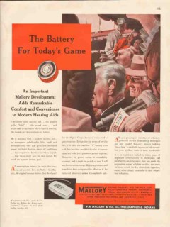 p r mallory company 1947 hearing aid battery todays game vintage ad