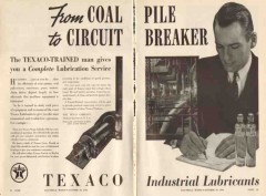 Texas Company 1936 Vintage Ad Oil Coal Pile Circuit Breaker Lubricants