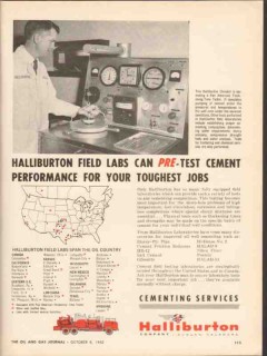 Halliburton Company 1962 Vintage Ad Oil Field Labs Pre-Test Cement Halliburton Company 1962 Vintage Ad Oil Field Labs Pre-Test Cement