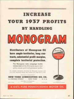 New York Lubricating Oil Company 1937 Vintage Ad Monogram Profits