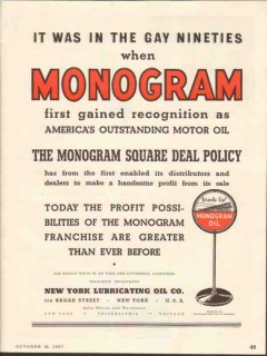 New York Lubricating Oil Company 1937 Vintage Ad Monogram Gay Nineties