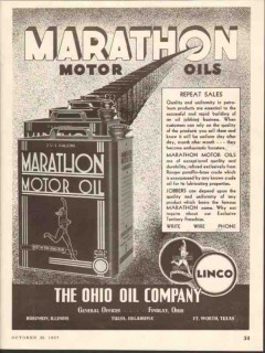 Ohio Oil Company 1937 Vintage Ad Linco Marathon Motor Repeat Sales
