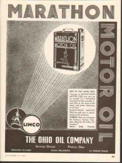 Ohio Oil Company 1937 Vintage Ad Linco Marathon Motor Change Gasoline Ohio Oil Company 1937 Vintage Ad Linco Marathon Motor Change Gasoline