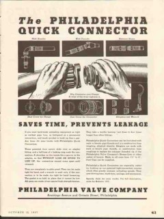 Philadelphia Valve Company 1937 Vintage Ad Oil Fitting Quick Connector