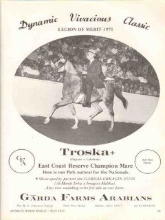 Garda Farms Arabians 1972 Troska Bajram Lakshmi stud horse vintage ad
