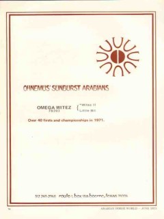 ohnemus sunburst arabians 1972 omega witez little bit horse vintage ad
