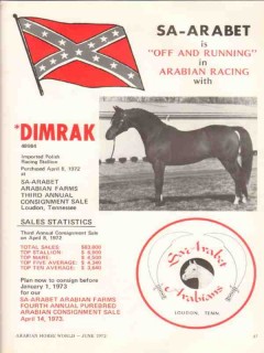 sa-arabet arabians 1972 dimrak consignment racing horse vintage ad