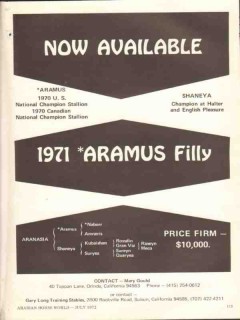 gary long training stables 1972 aramus shaneya stud horse vintage ad