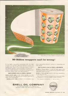 shell oil company 1958 rap-in-wax paper billion wrappers vintage ad shell oil company 1958 rap-in-wax paper billion wrappers vintage ad