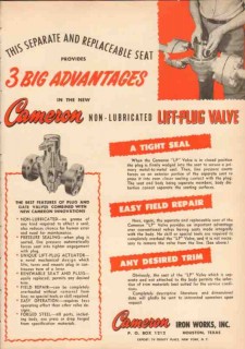 Cameron Iron Works 1950 Vintage Ad Oil Non-Lubricated Lift-Plug Valve Cameron Iron Works 1950 Vintage Ad Oil Non-Lubricated Lift-Plug Valve