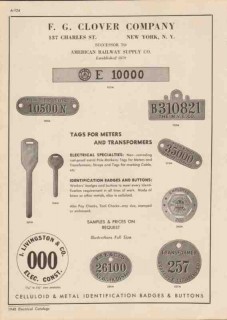 F G Clover Company 1948 Vintage Catalog Electric Meter Transformer Tag