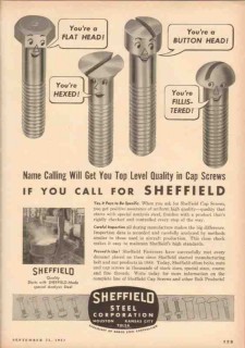 sheffield steel corp 1953 flat head hexed fillistered screw vintage ad sheffield steel corp 1953 flat head hexed fillistered screw vintage ad
