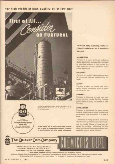 Quaker Oats Company 1953 Vintage Ad Oil QO Furfural High Quality Quaker Oats Company 1953 Vintage Ad Oil QO Furfural High Quality