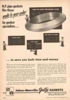 Johns-Manville 1953 Vintage Ad HP Pipe Gaskets Goetze Made-To-Order Johns-Manville 1953 Vintage Ad HP Pipe Gaskets Goetze Made-To-Order